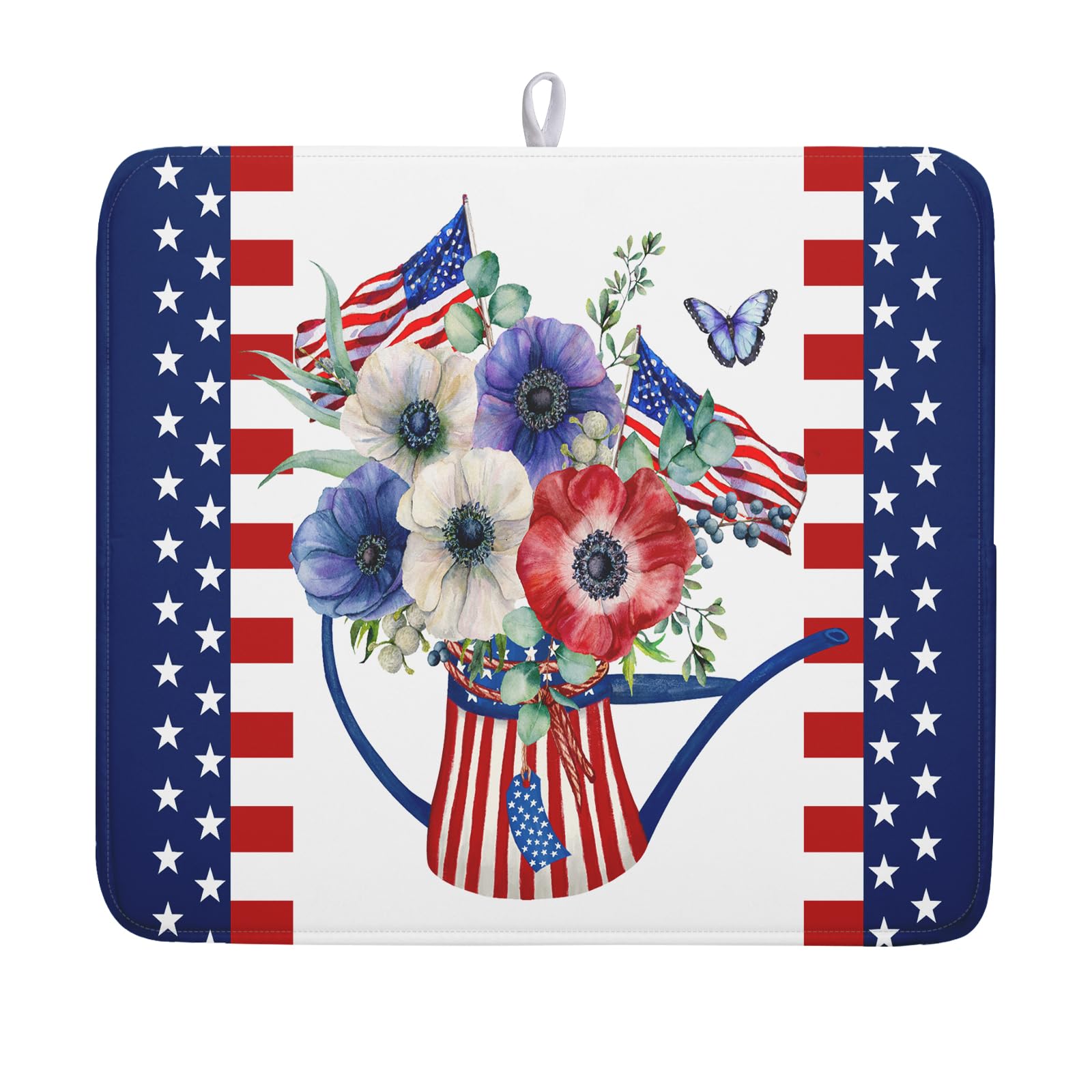 American Flag 4th of July Dish Drying Mats for Kitchen Counter Patriotic Flowers Dry Dishes Pads 16x18 Inch Microfiber Absorbent Independence Day Drainer Pad Tableware Mats Protector for Countertops