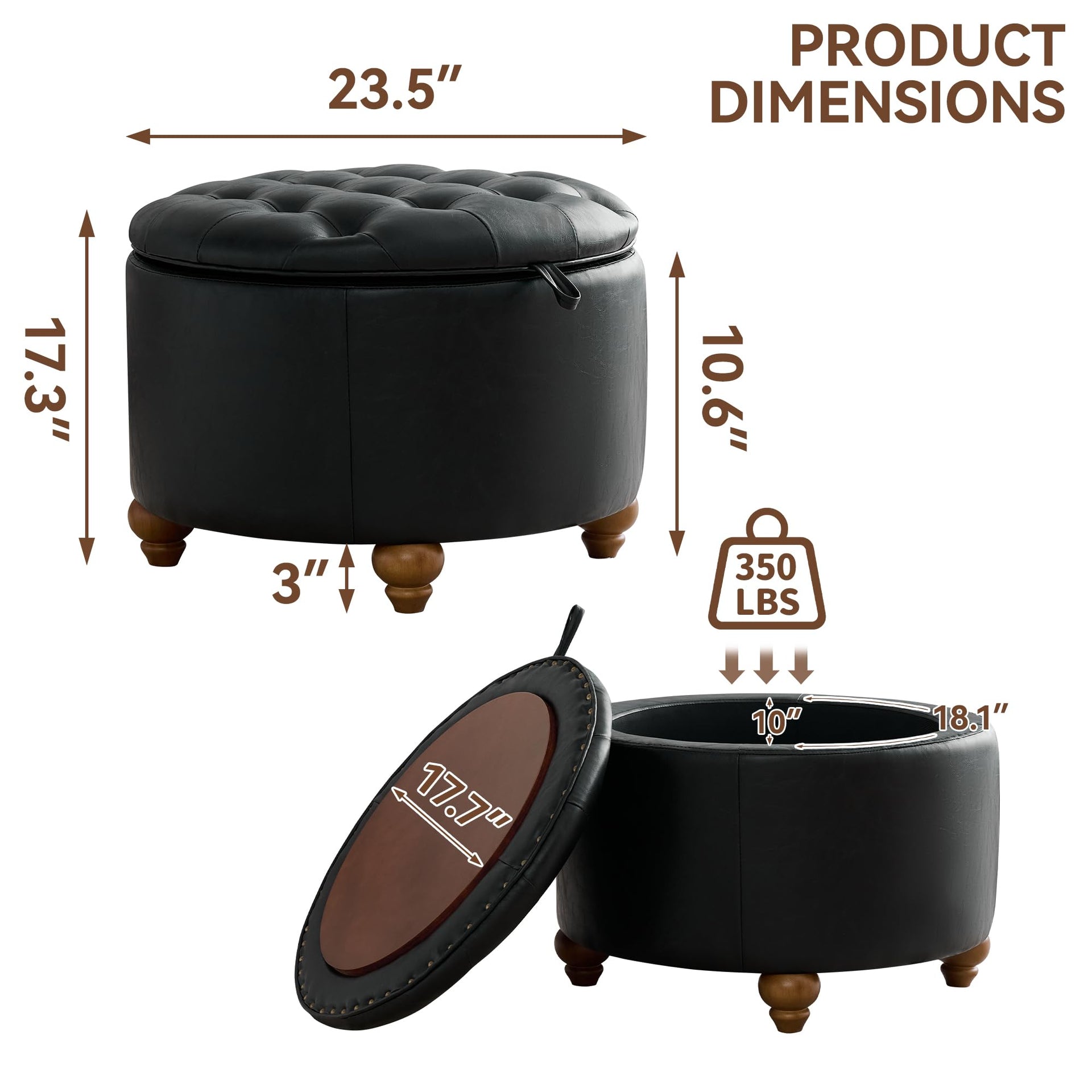 24Inch Round Storage Ottoman with Tray