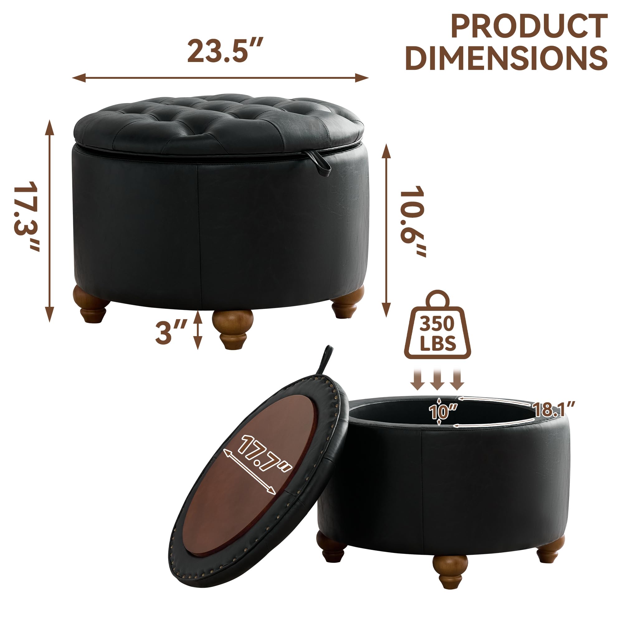 24Inch Round Storage Ottoman with Tray