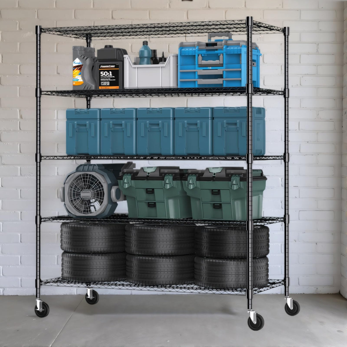 5 Tier Wire Shelving with Wheels Heavy Duty Height Adjustable Metal Shelves for Storage (5 Count)