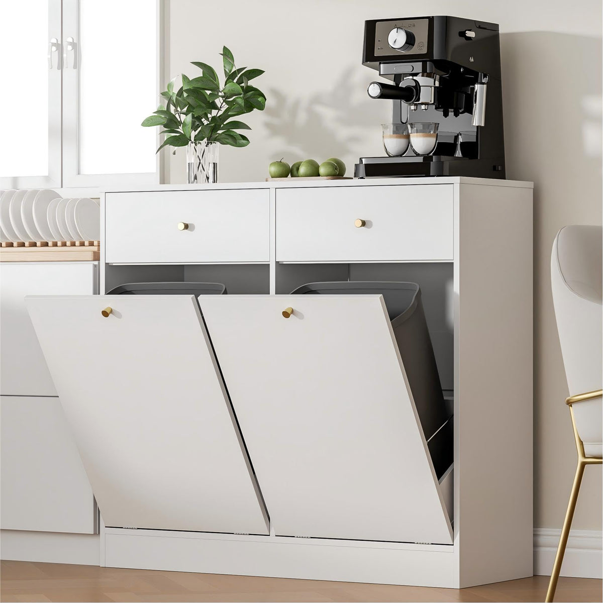 Double Tilt Out Trash Can Cabinet with 2 Drawers