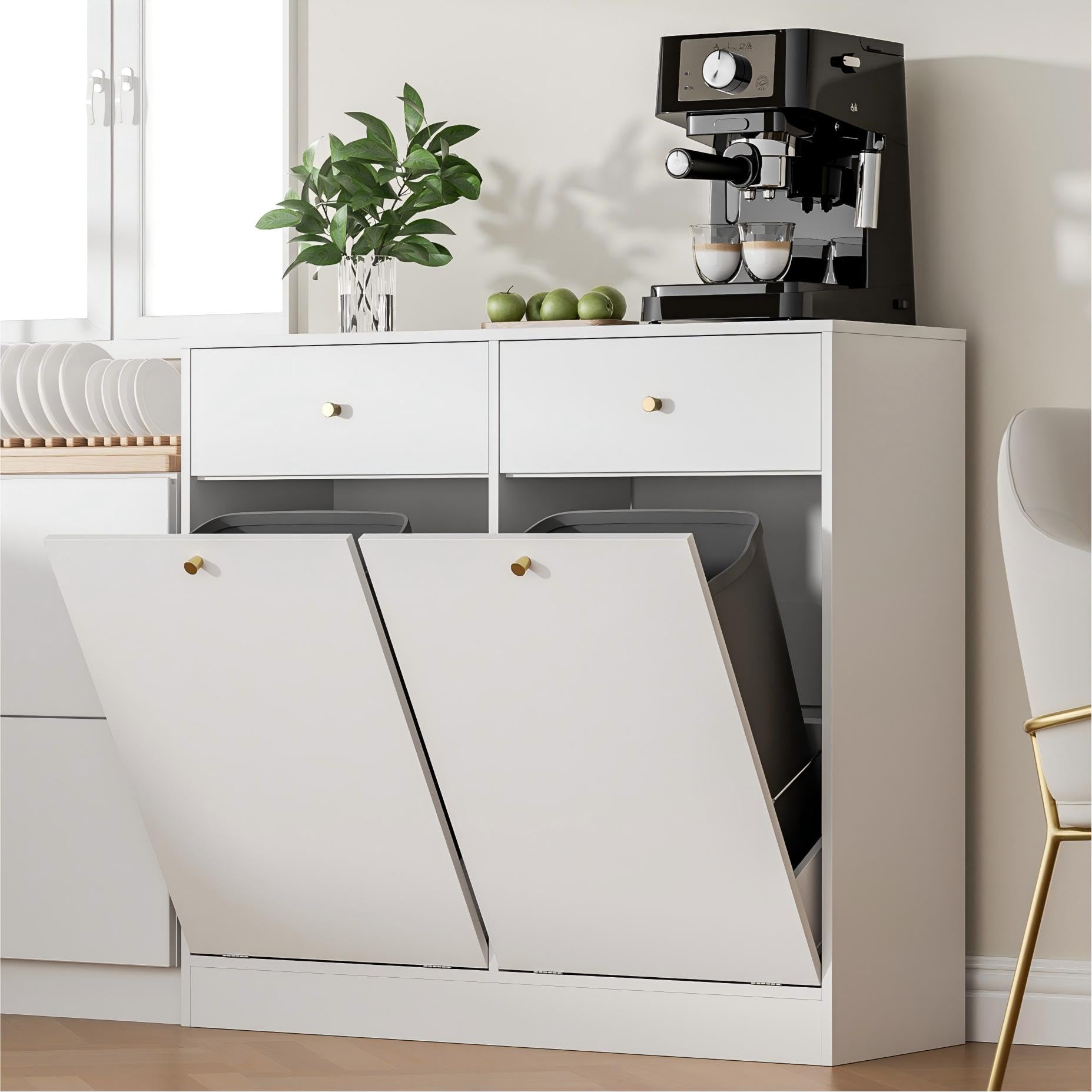 Double Tilt Out Trash Can Cabinet with 2 Drawers