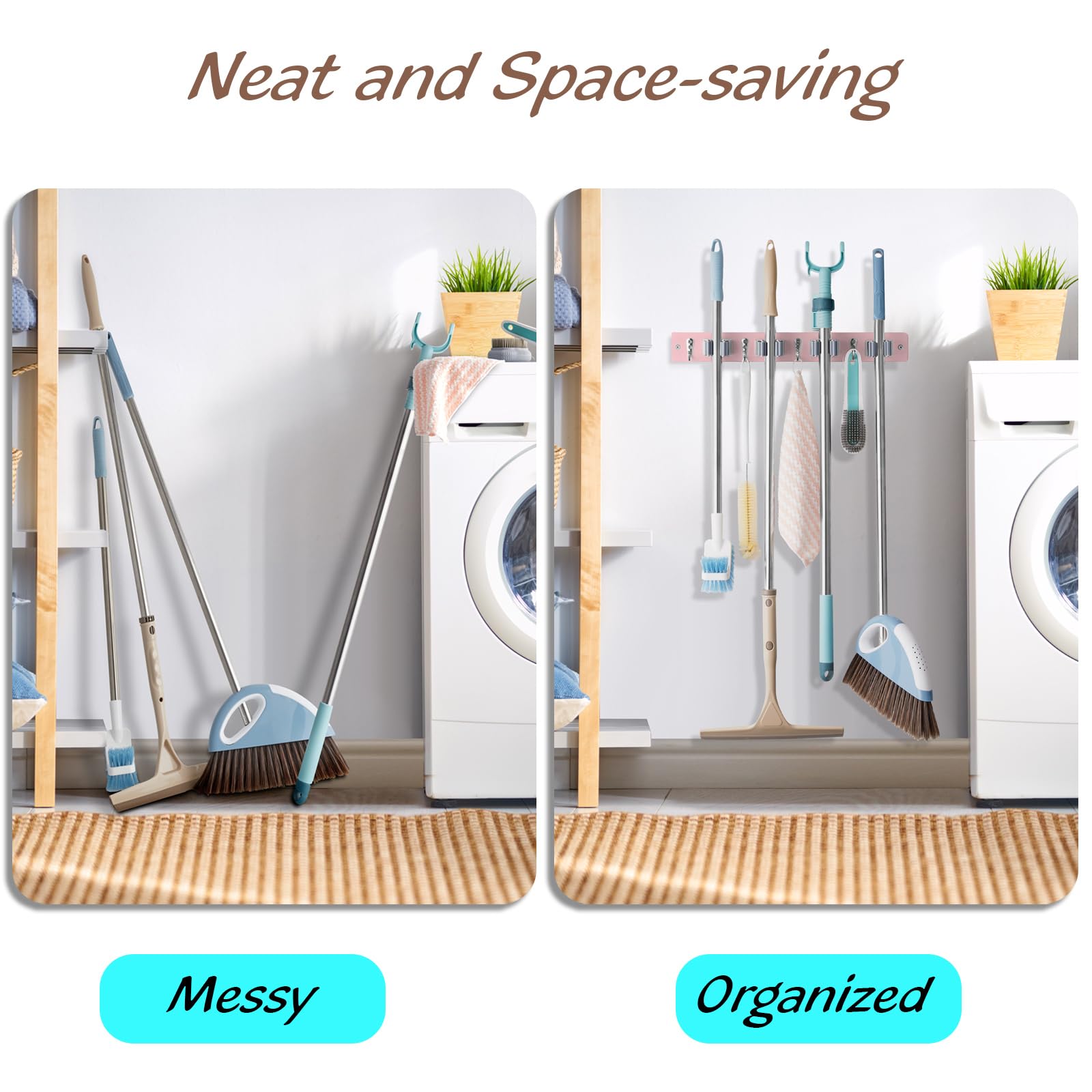 Pink Mop Broom Holder Wall Mount with 4 Slots & 4 Hooks