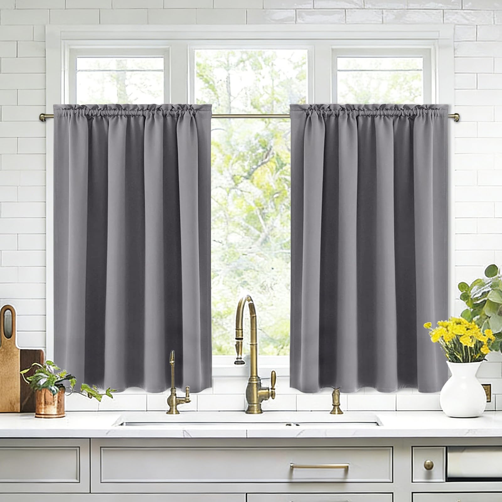 Short Blackout Curtains 52 x 36 Inch Long for Kitchen RV Bunk Grey (2 Count)