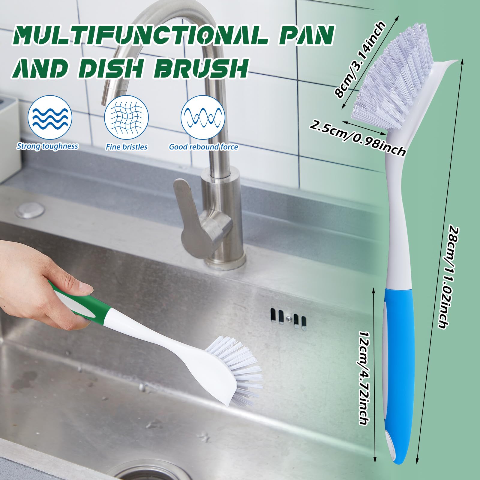 20 Pcs Blue and Green Kitchen Scrub Dish Brush Bulk with 11 Inch Anti Slip Handle Cleaning Dish Scrubber with Stiff Bristles Washing Scrub Brushes for Housekeeping for Pots and Pans (20 Count)