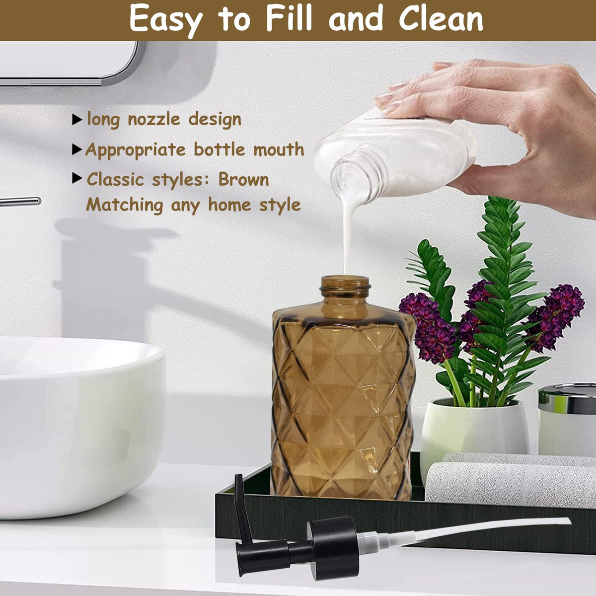 Brown Bathroom Soap Dispenser with Black Plastic Pump