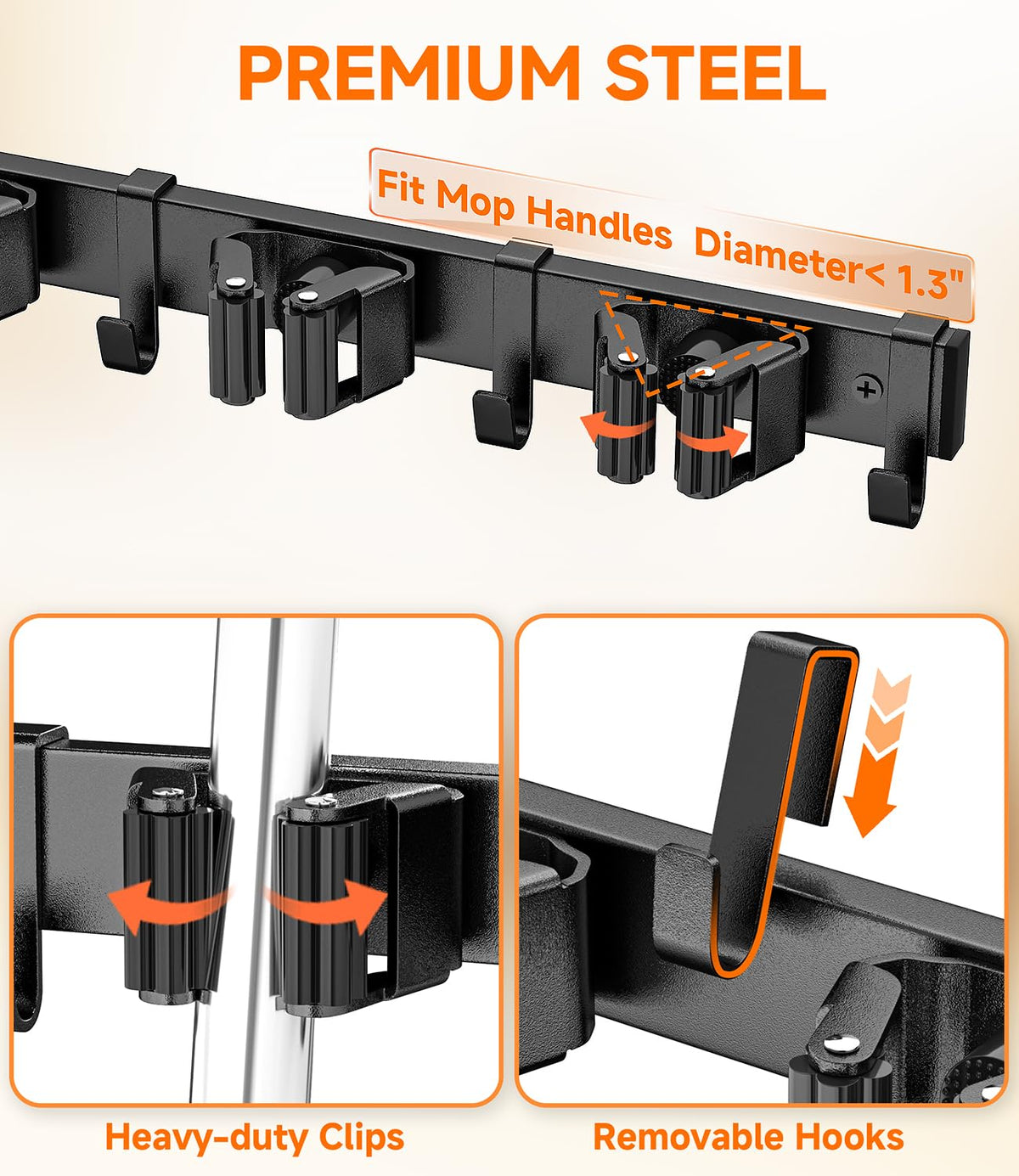 1Pack Broom Holder with Organizer Shelf 4 Broom Slots 5 Removable Hooks
