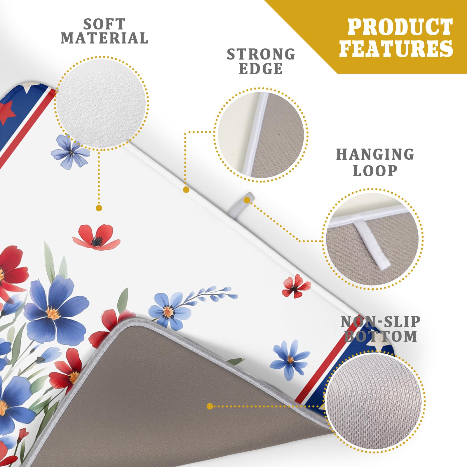 4th of July Dish Drying Mats for Kitchen Counter Summer Flowers Patriotic Kitchen Mats 18x24 Inch Absorbent Microfiber Drainer Mats Independence Day Dishes Pad Quick Dry for Tableware Protector Decor