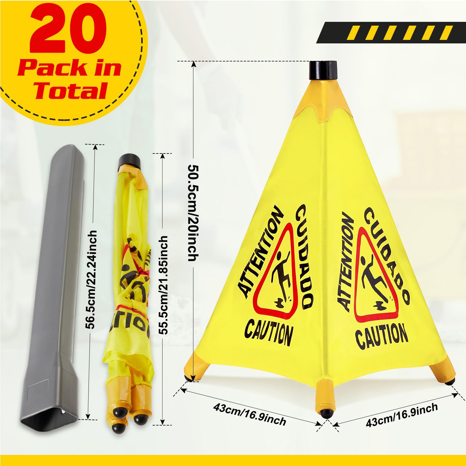 20 Pcs Pop up Wet Floor Sign with Storage Tube 20 Inch Wet Safety Signs Commercial Caution Safety Cone Pop up Caution Sign for Commercial Stores Grocery Restaurant Restroom Office Use (20 Count)