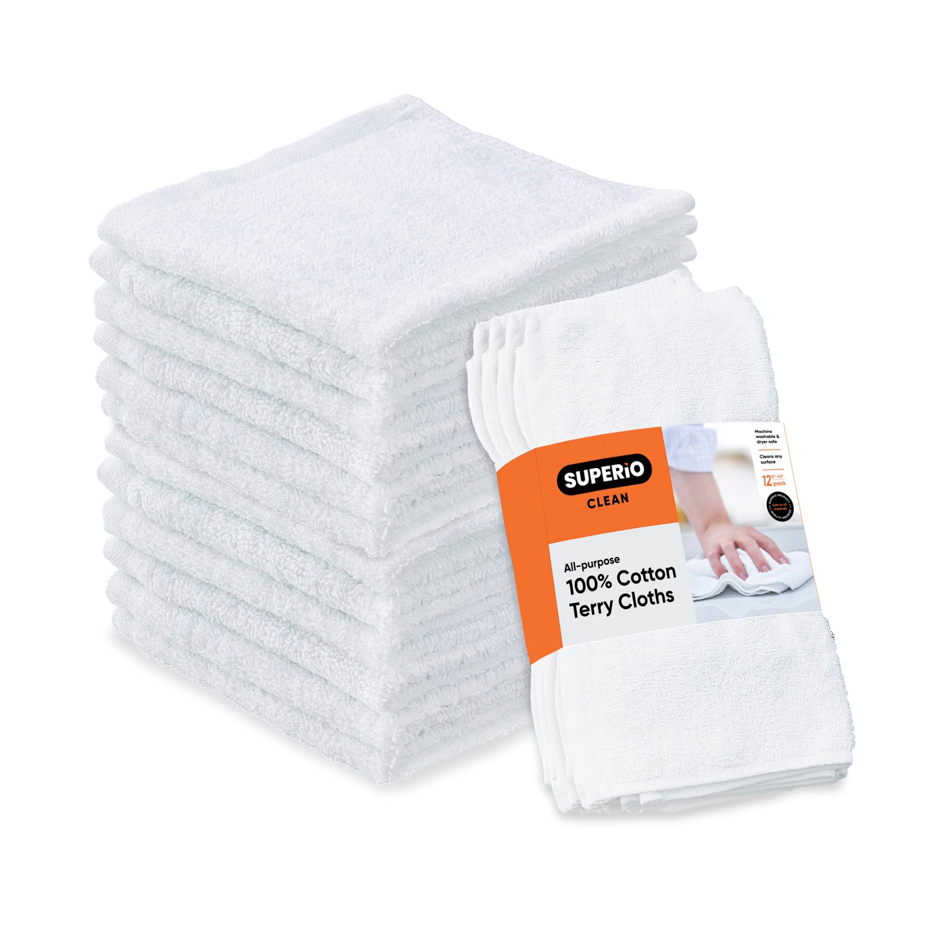 White Washcloths 12 Pack Terry Cloth Rags 100% Cotton 12" Cleaning Cloths (12 Count)