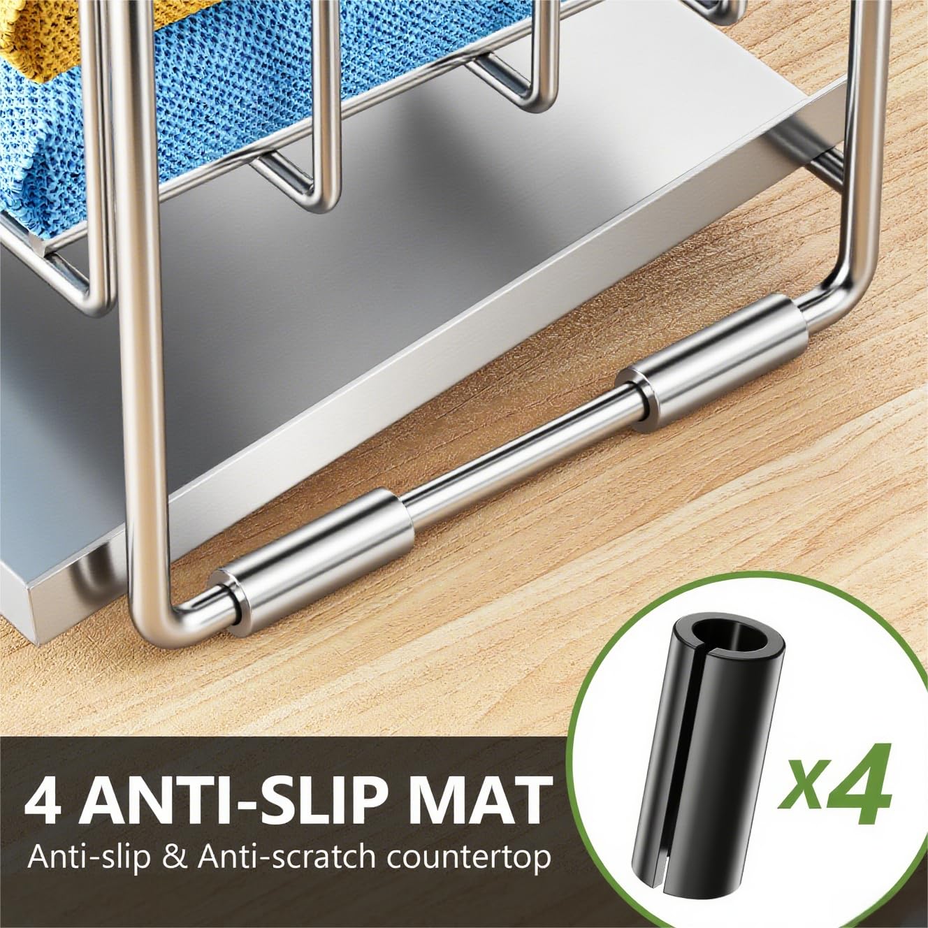Silver 2 Tier Kitchen Sink Caddy Organzier Rack with Flexible Dish Brush Holder