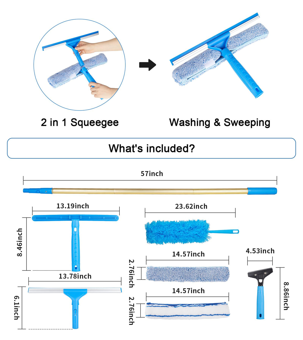 2 in 1 Window Squeegee Cleaning Kit with Aluminum Alloy Extension Poles