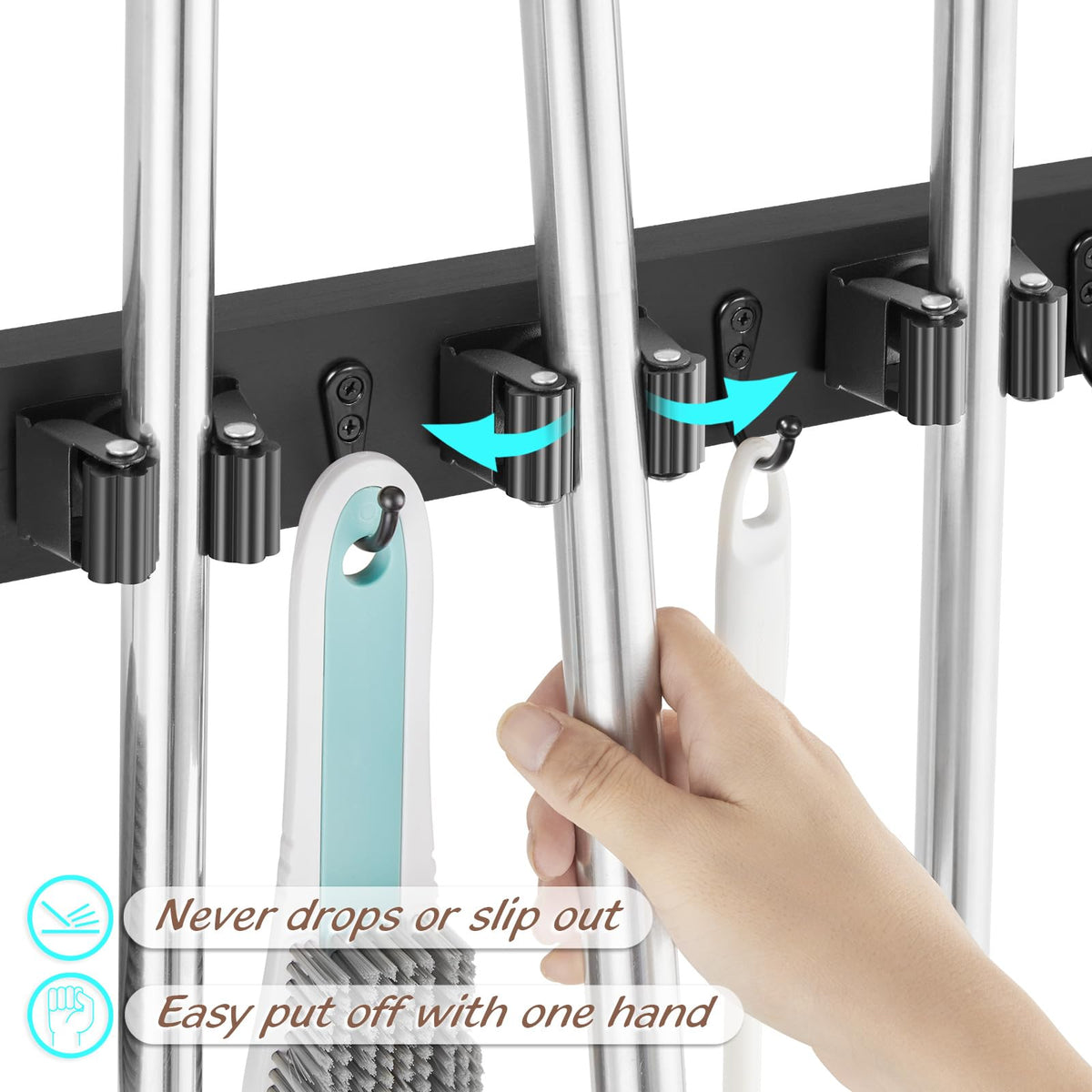 Black Mop Broom Holder Wall Mount with 3 Slots & 4 Hooks