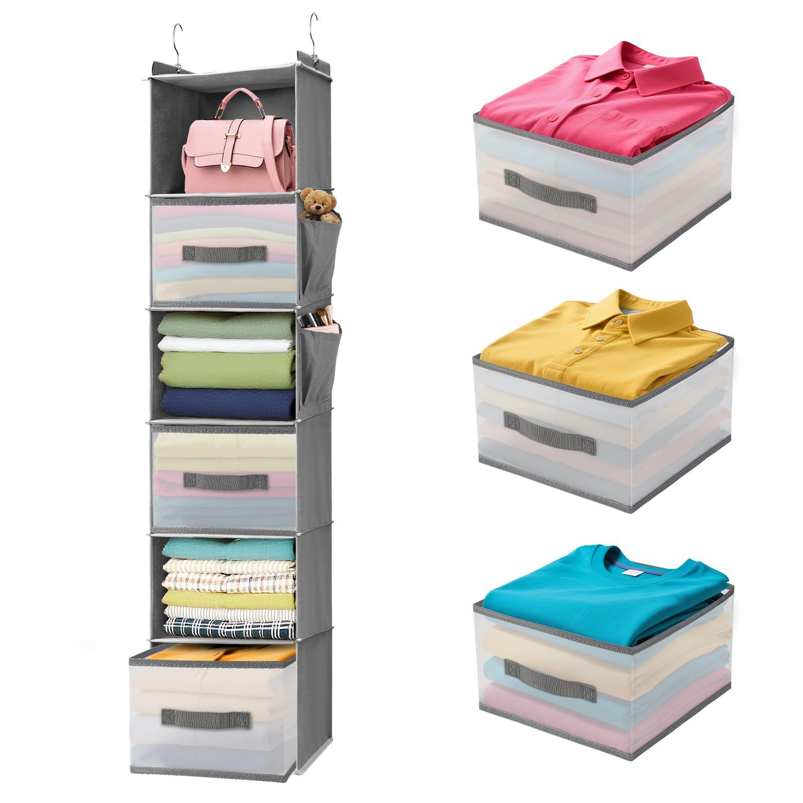 6 Shelf Hanging Closet Organizer with 3 Drawers & Side Pockets