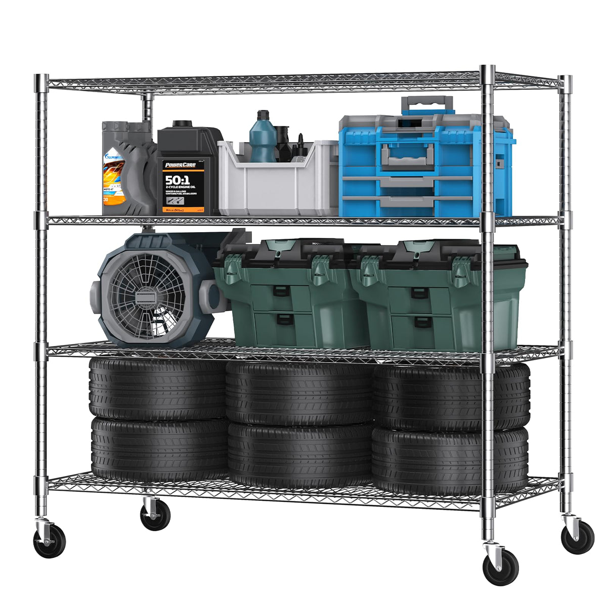 4 Tier Wire Shelving with Wheels Heavy Duty Height Adjustable Metal Shelves for Storage