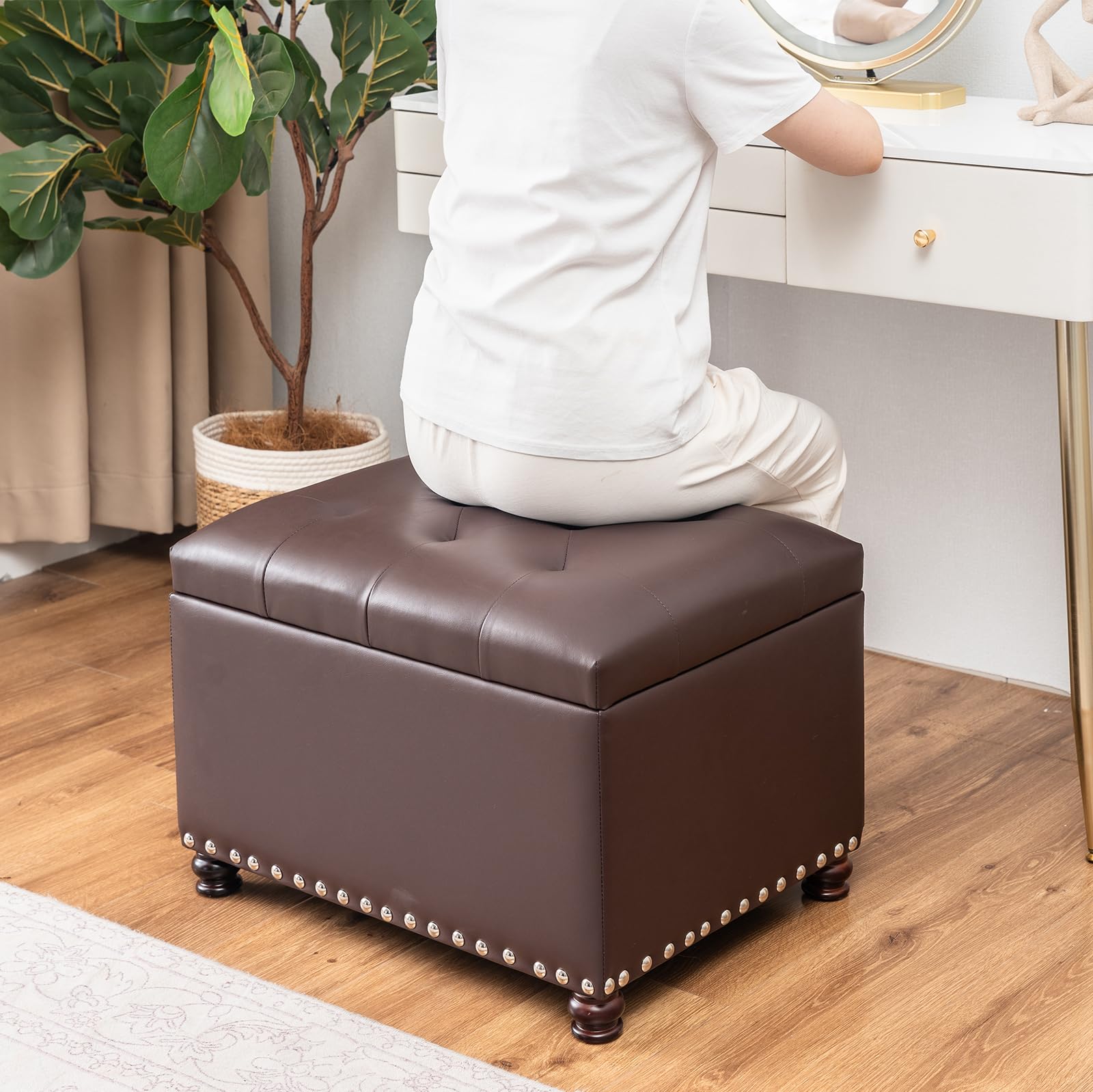 Faux Leather Storage Ottoman Bench Rectangle 24 Inch Foot Rest Ottomans