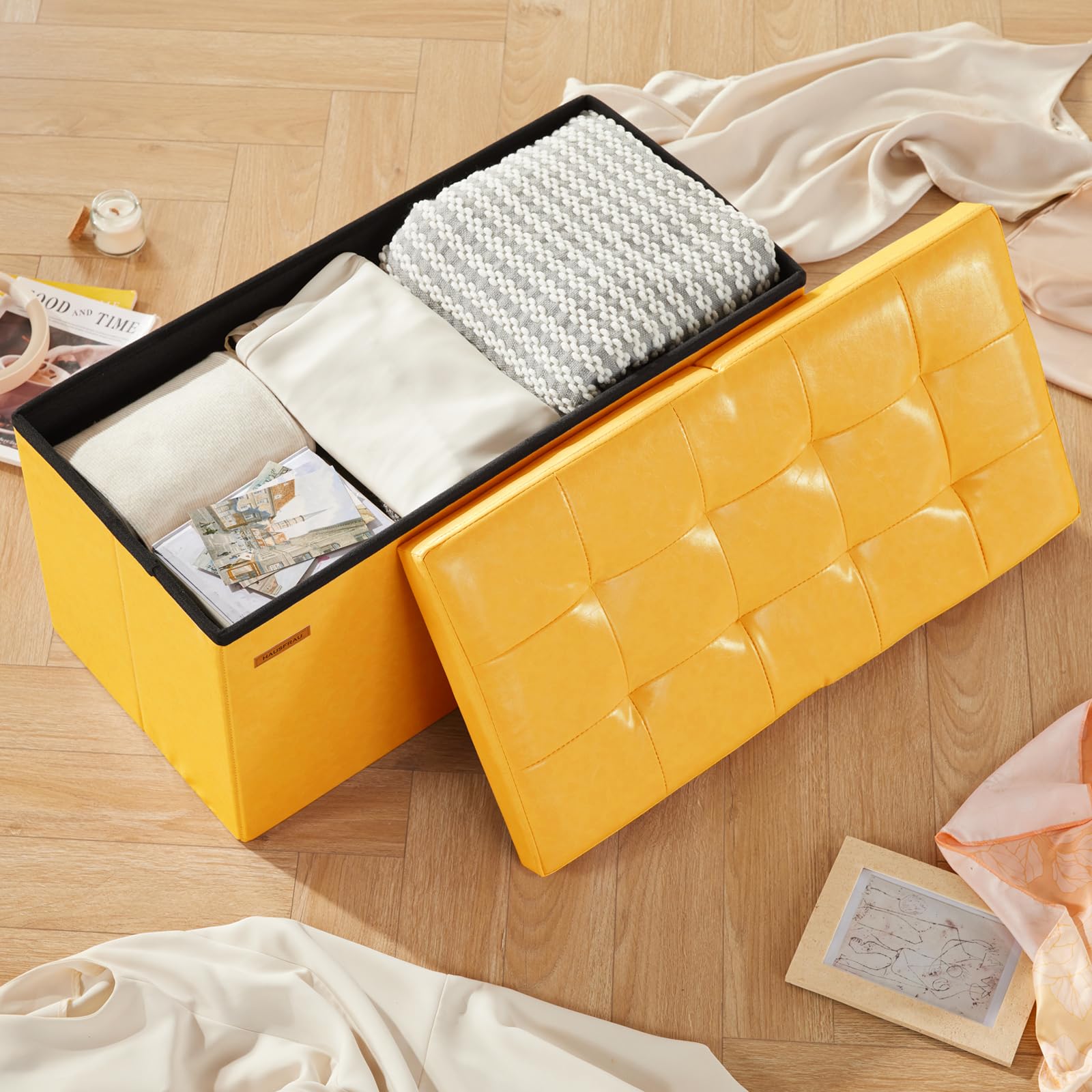 Ottoman with Storage Bench Folding Foot Rest Stool Yellow