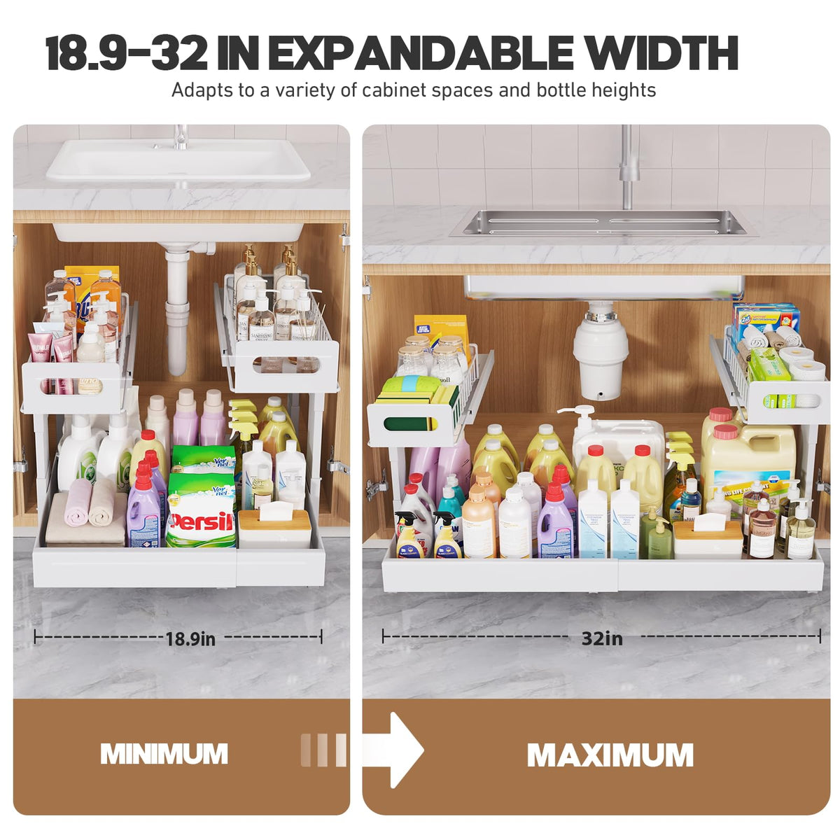 1 Pack-19"-32"W Expandable Under Sink Organizer With Upgrade Ball-Bearing Slide,2-Tier Pull Out Under Cabinet Organizer Height Adjustable,Not Suitable For Cabinets With Partitions In The Middle