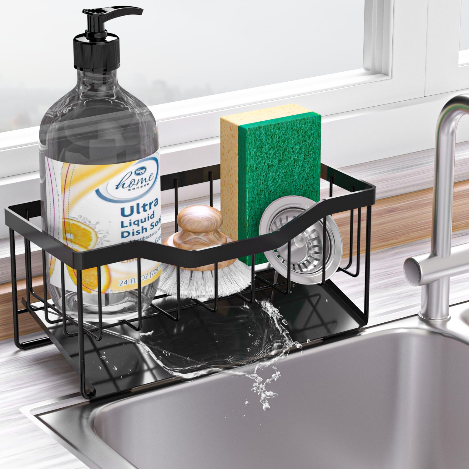 Sponge Holder for Kitchen Sink with Auto Draining Tray