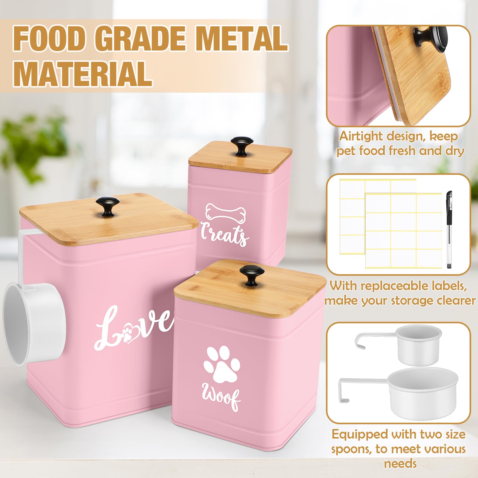 Metal Dog Treat Containers Set of 3 with Bamboo Lids and Spoon Airtight 7+3+2 lbs Dog Food Snack Jars with DIY Labels Big Pet Cookie Storage Jar for Kitchen Counter (3 Count)