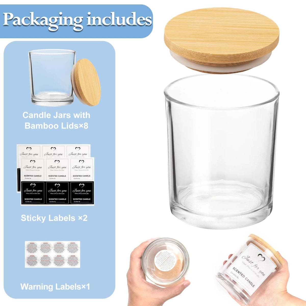 8 Pack 14 OZ Clear Glass Candle Jars with Bamboo Lids