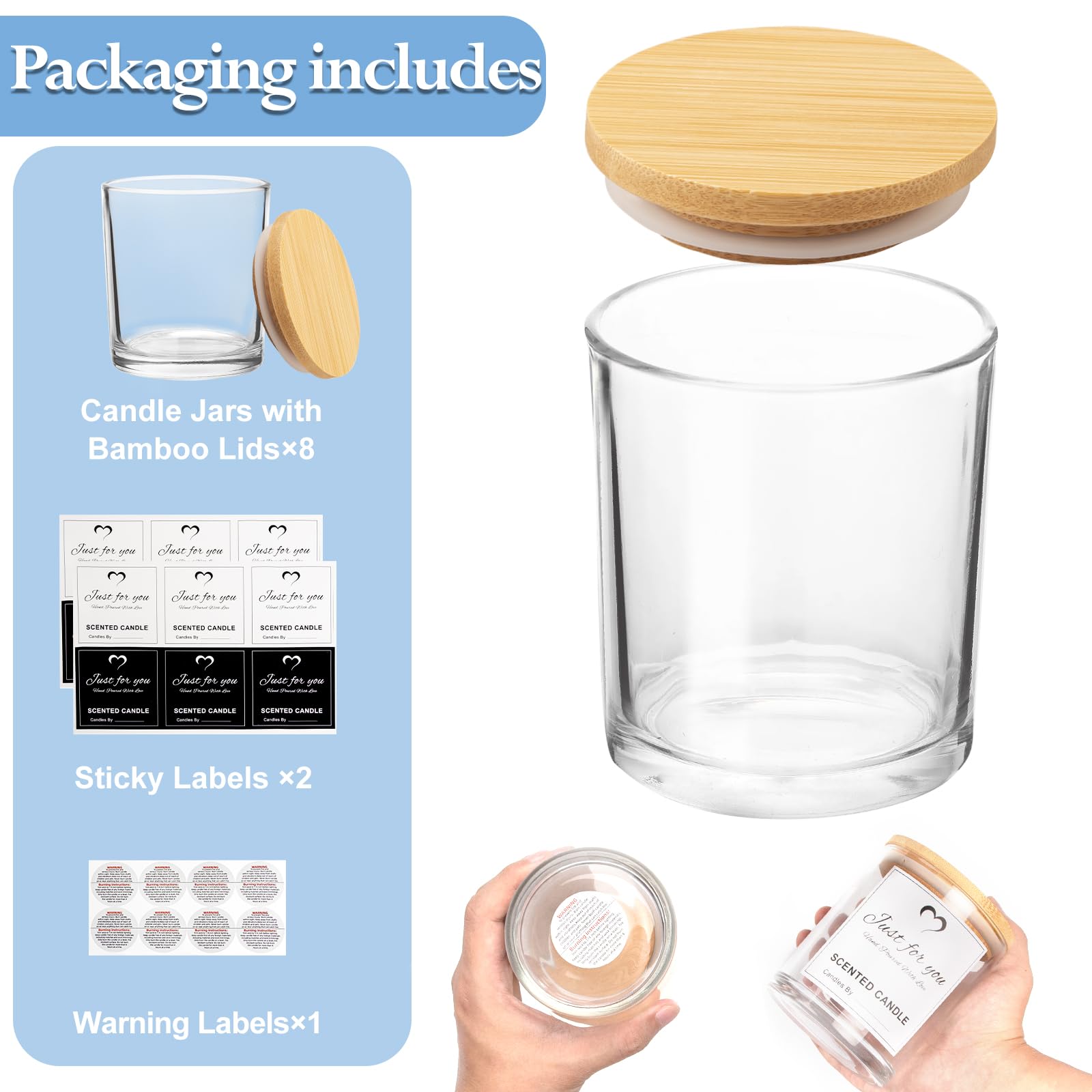 8 Pack 14 OZ Clear Glass Candle Jars with Bamboo Lids