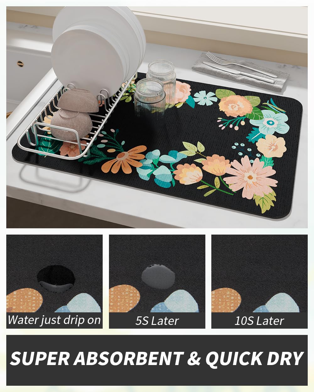 Coffee Mat Hide Stain Rubber Backed Absorbent Dish Drying Mat for Kitchen Counter