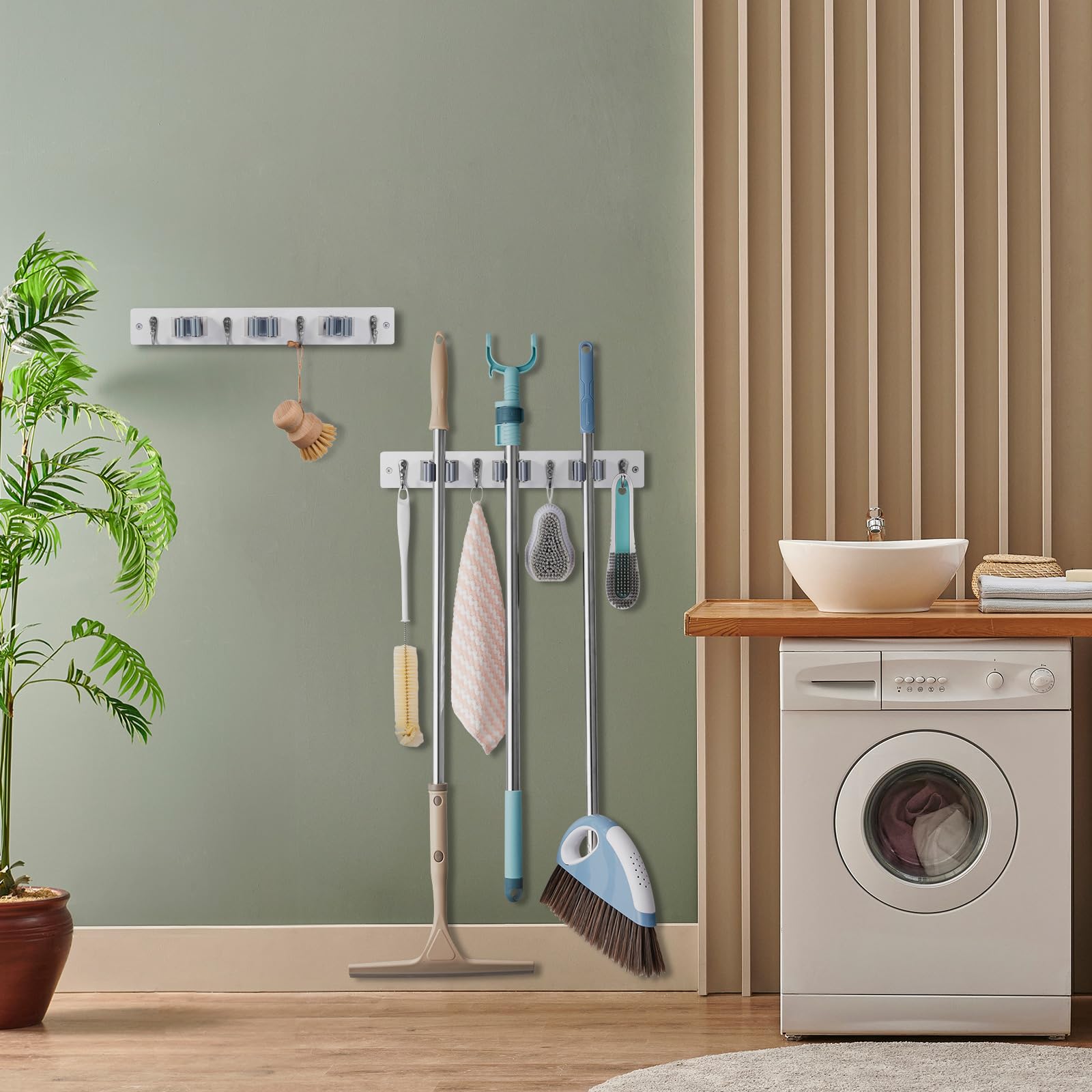 2 Pack White Mop Broom Holder Wall Mount with 3 Slots & 4 Hooks (2 Count)