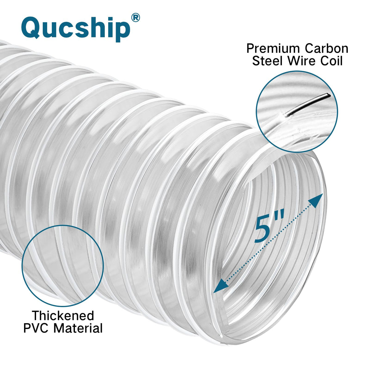 5" x 10' Clear PVC Dust Collection Hose with 2 Clamps