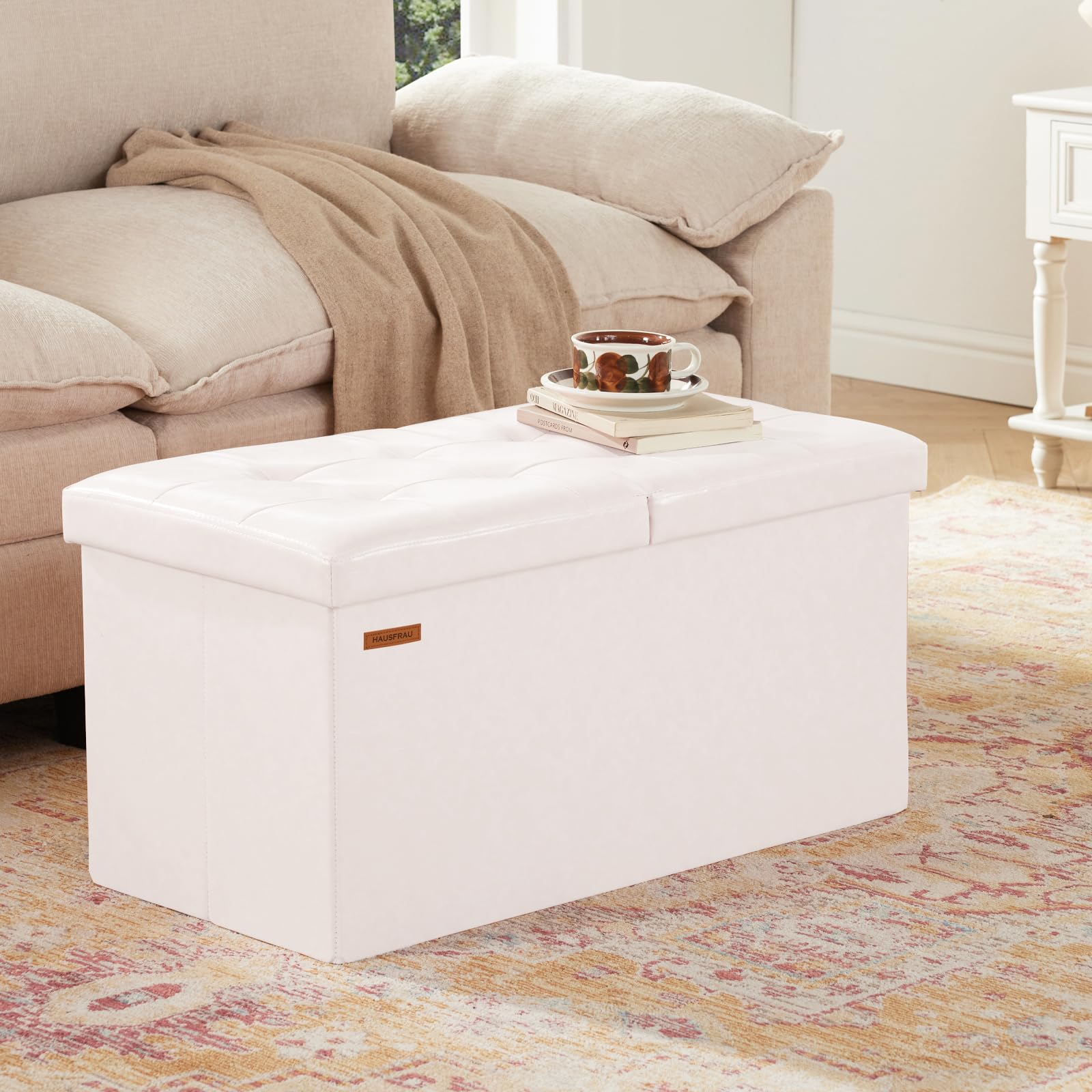 Ottoman with Storage Bench Folding Foot Rest Stool White