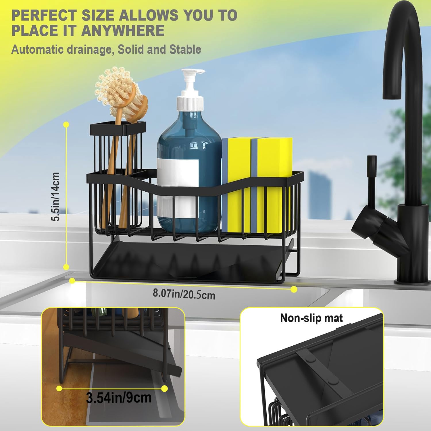 Maifan Sink Caddy Sponge Holder for Kitchen with Brush Holder and Stainless Steel Self Drain Tray