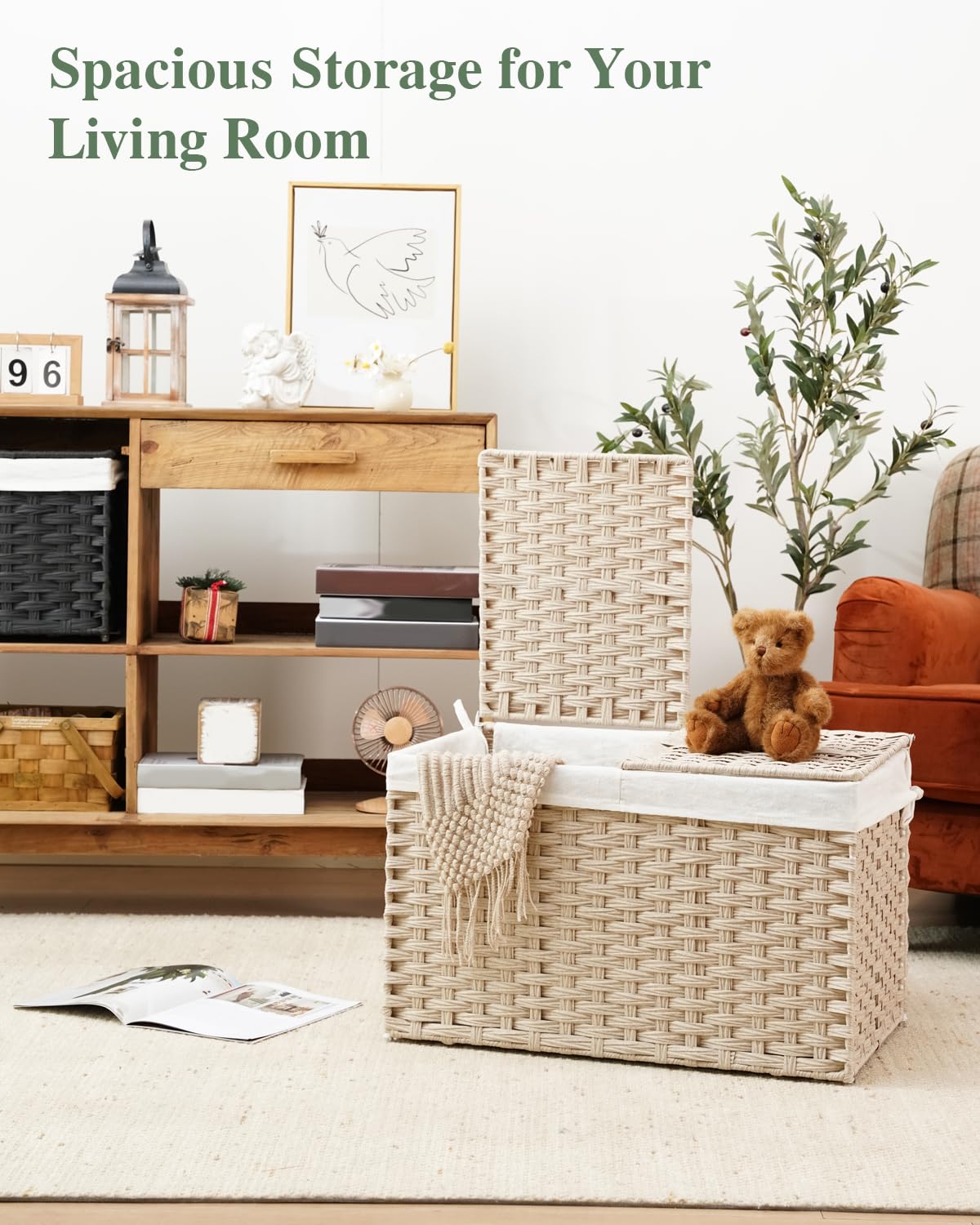 Storage Basket with Lid 105L PE Rattan Storage Bin Light Khaki