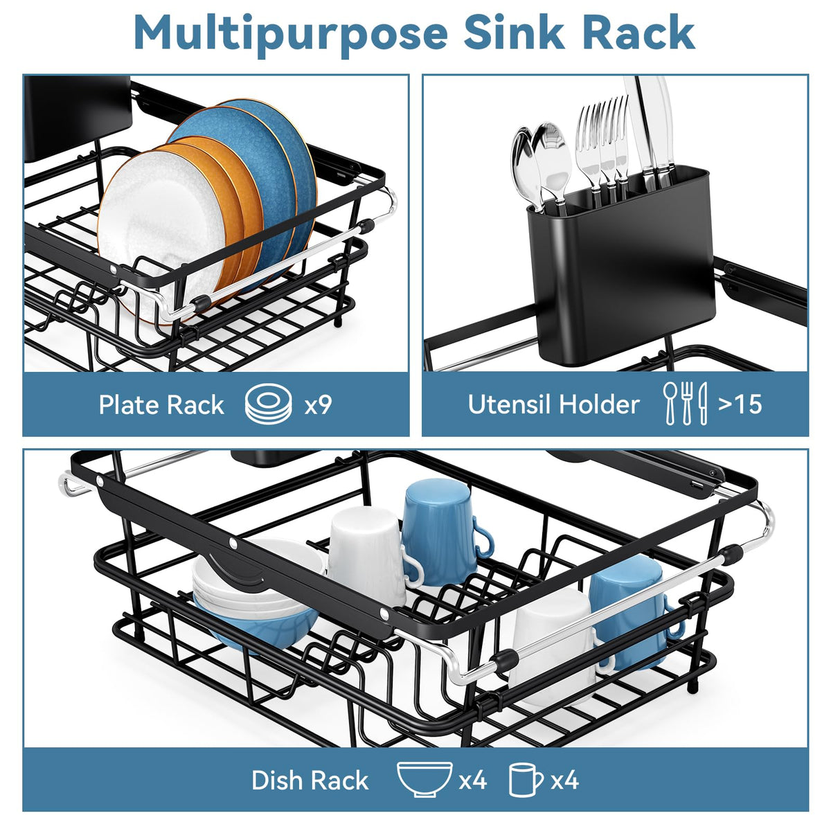 Dish Drying Rack in Sink with Utensil Holder