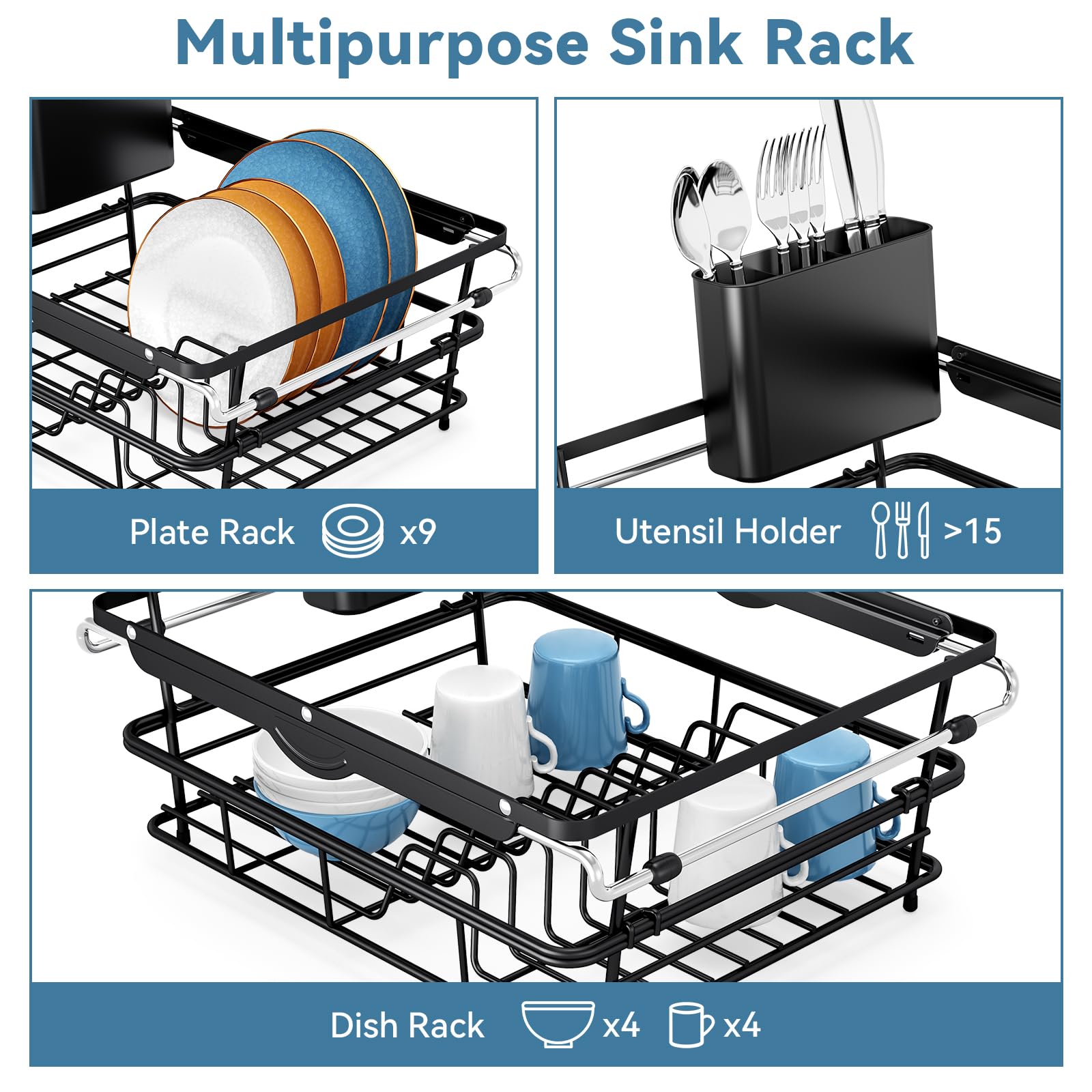 Dish Drying Rack in Sink with Utensil Holder