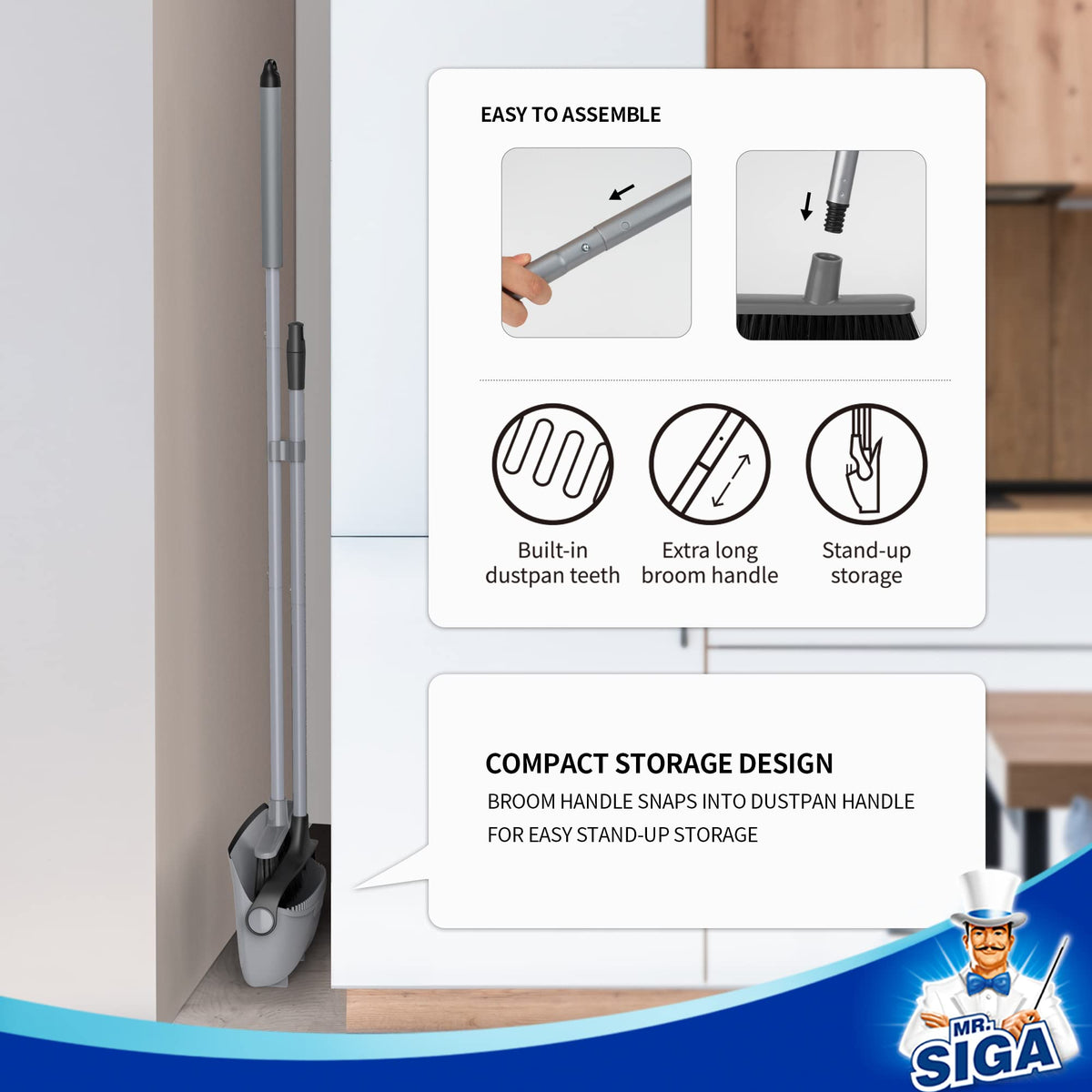 Broom and Dustpan Set with Adjustable Long Handle
