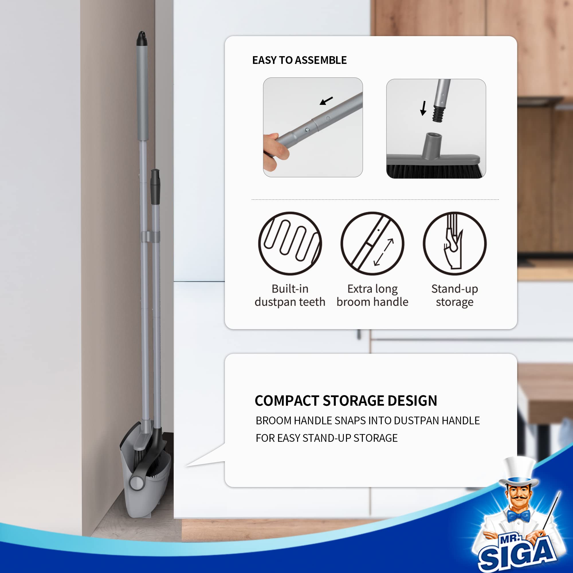 Broom and Dustpan Set with Adjustable Long Handle