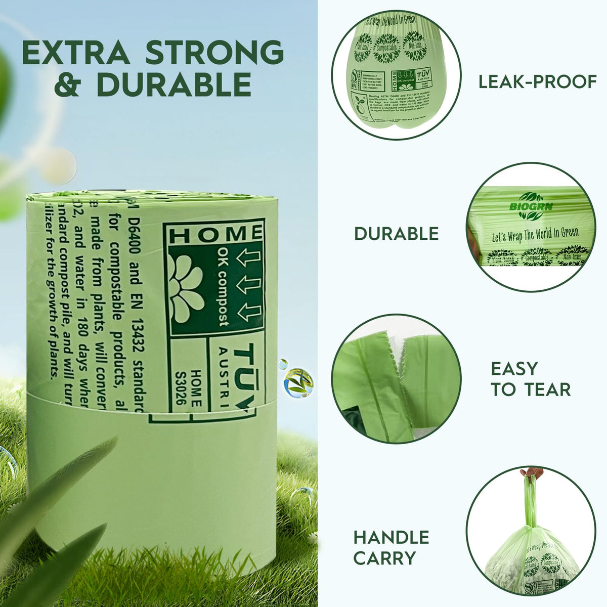 10 13 Gallon Compostable Trash Bags with Handles Tie 30 Bags Biodegradable Garbage Bags Food Scrap Green Waste Bags Thick 0.87 Mil 49.21 Liter ASTM D6400 (30 Count)