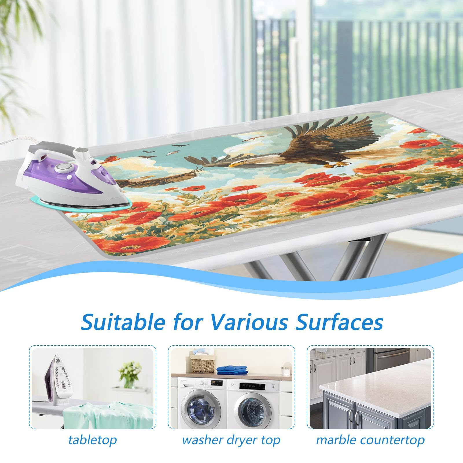 Vivid Poppy Wildflowers and Eagles Ironing Mat Thickened Ironing Blanket Travel Portable Double
