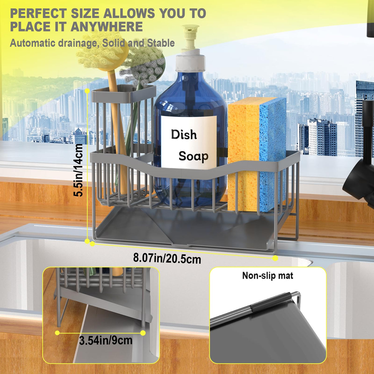 Maifan Sink Caddy Sponge Holder for Kitchen with Brush Holder and Stainless Steel Self Drain Tray