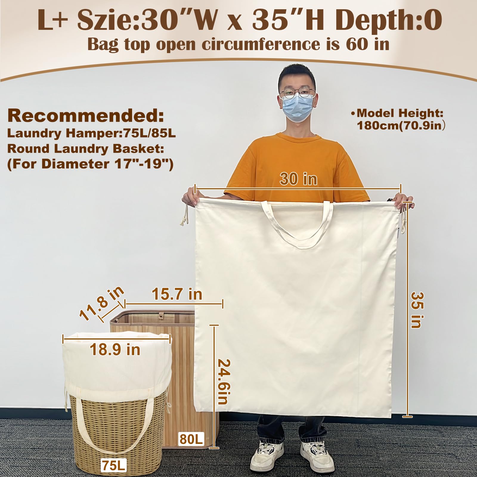 Heavy Duty Canvas Laundry Bag with Handles & Drawstring 30"Wx35"H