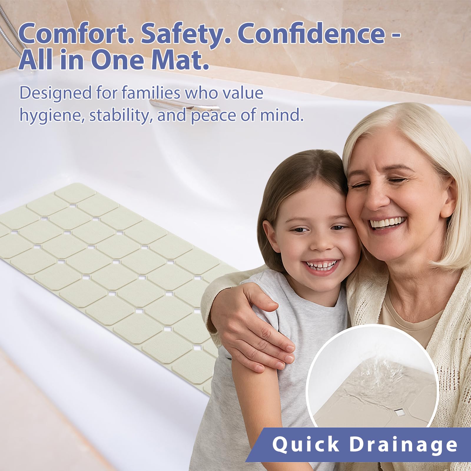 Bathtub Mat Non Slip Silicone Foldable Extra Long Tub Mat Strong Suction Cups & Large Drain Holes