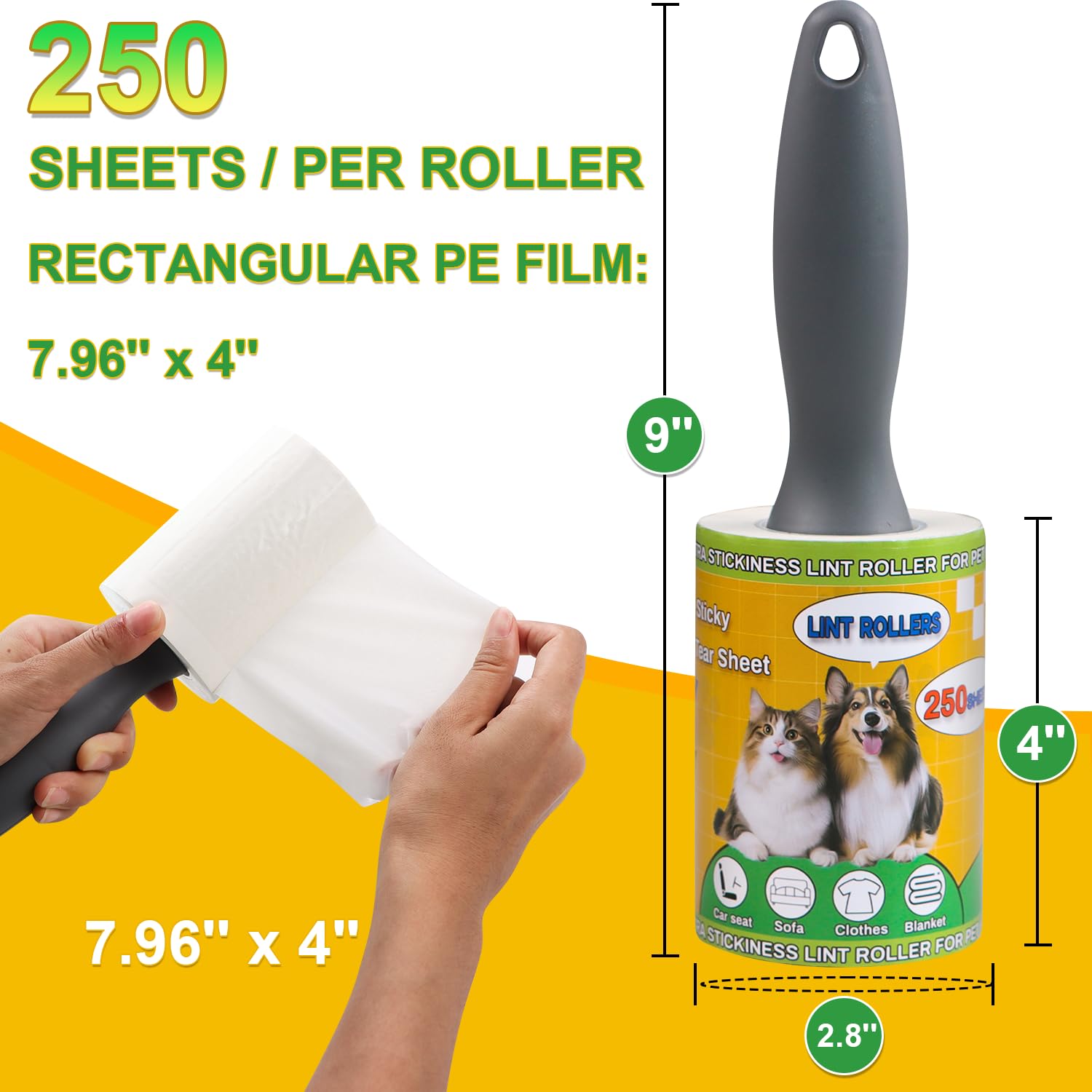 Lint Rollers 2 Pack for Pet Hair 500 Sheets Extra Sticky Pet Hair Remover for Clothes Furniture Carpet Cleaner Cars Dogs Travel