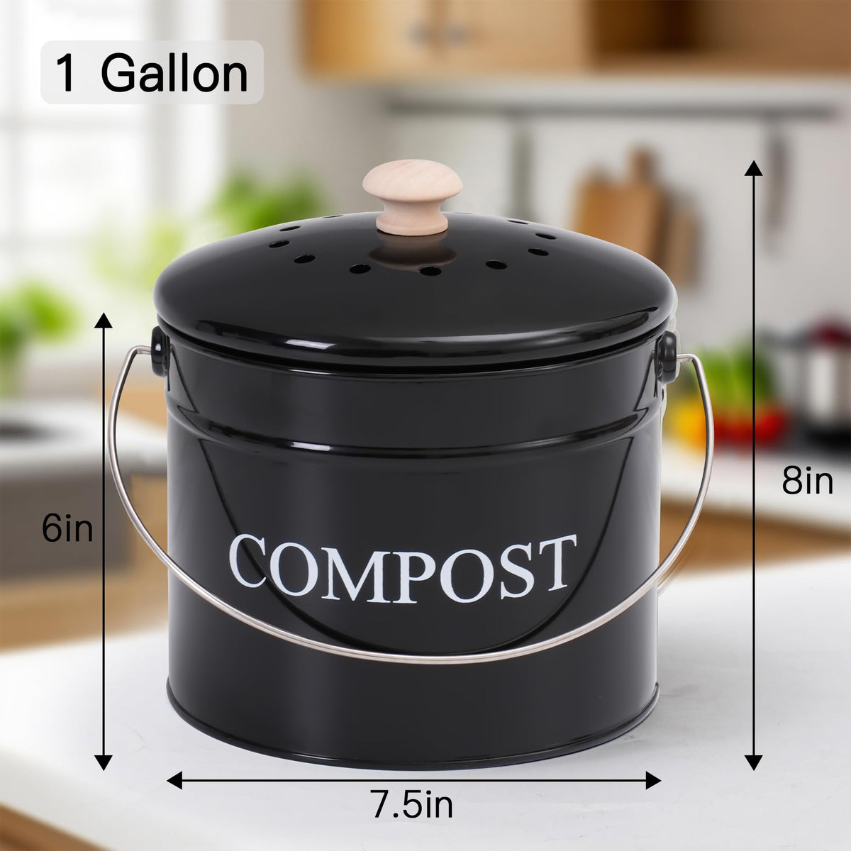 Compost Bin 1 Gallon Countertop Composter with Lid and Charcoal Filters