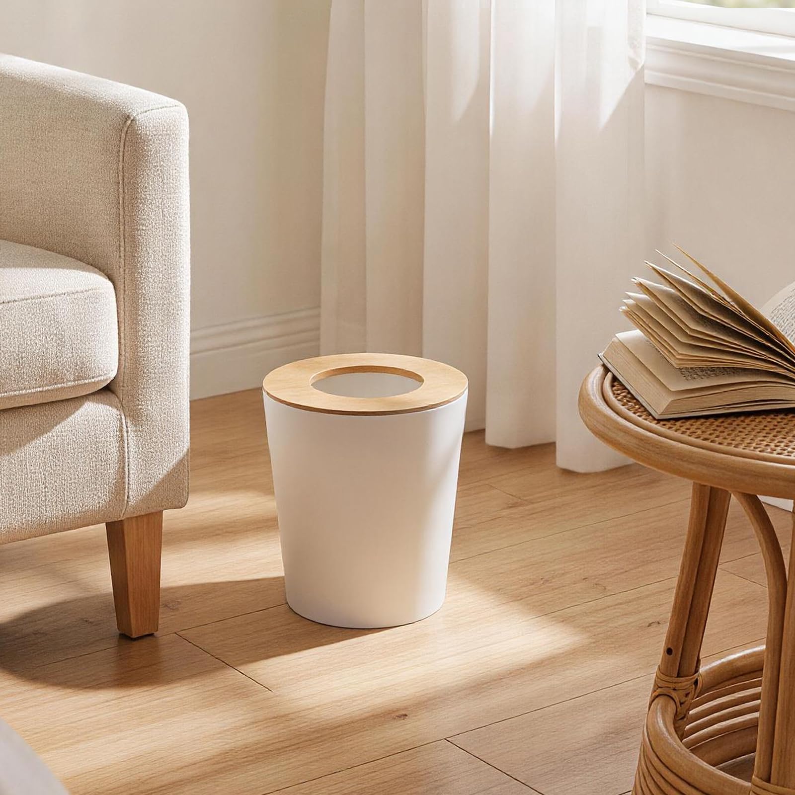 White Trash Can for Bedroom with Bamboo Lid (2 Count)