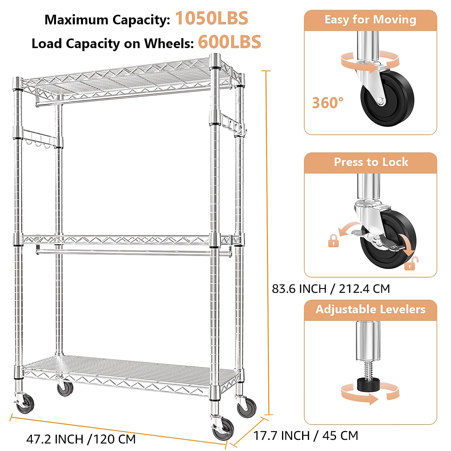 Heavy Duty Rolling Garment Rack 3 Tiers Adjustable Wire Shelving Clothes Rack with 2 Rods and Side Hooks