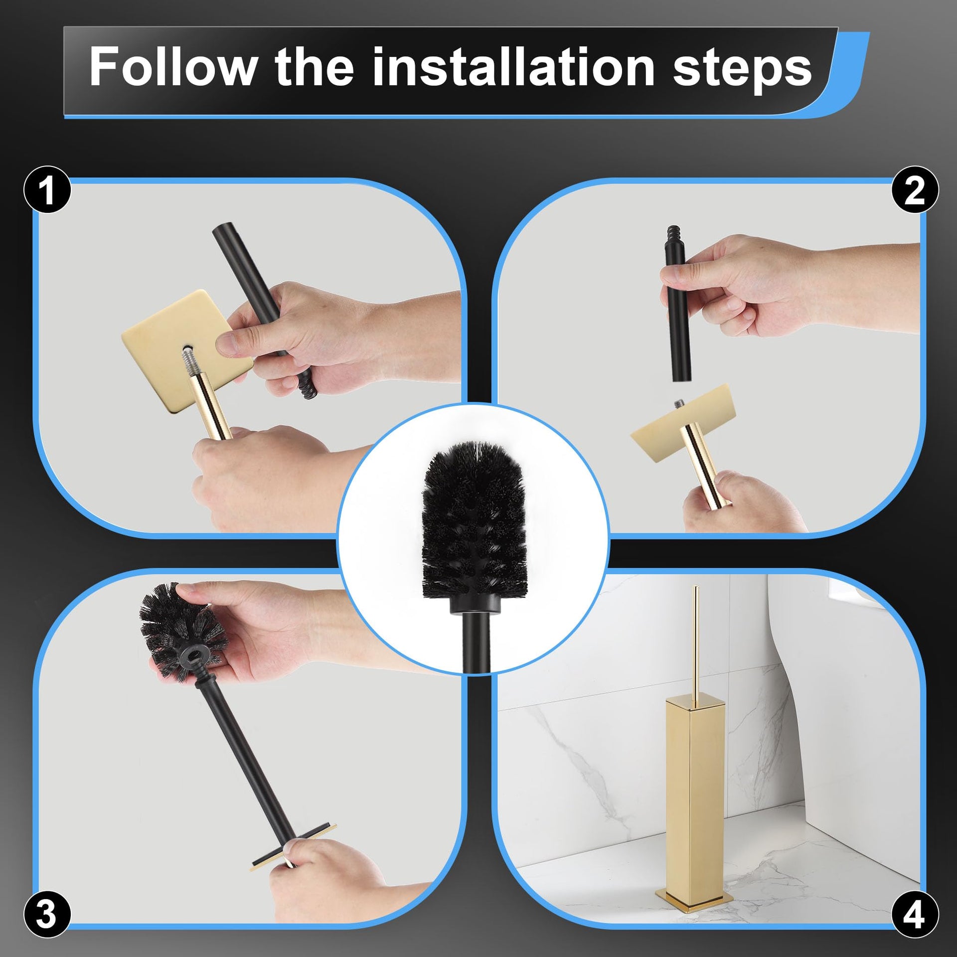 Toilet Brush and Holder Set Gold Stainless Steel 304 Square Freestanding Toilet Brush for Bathroom