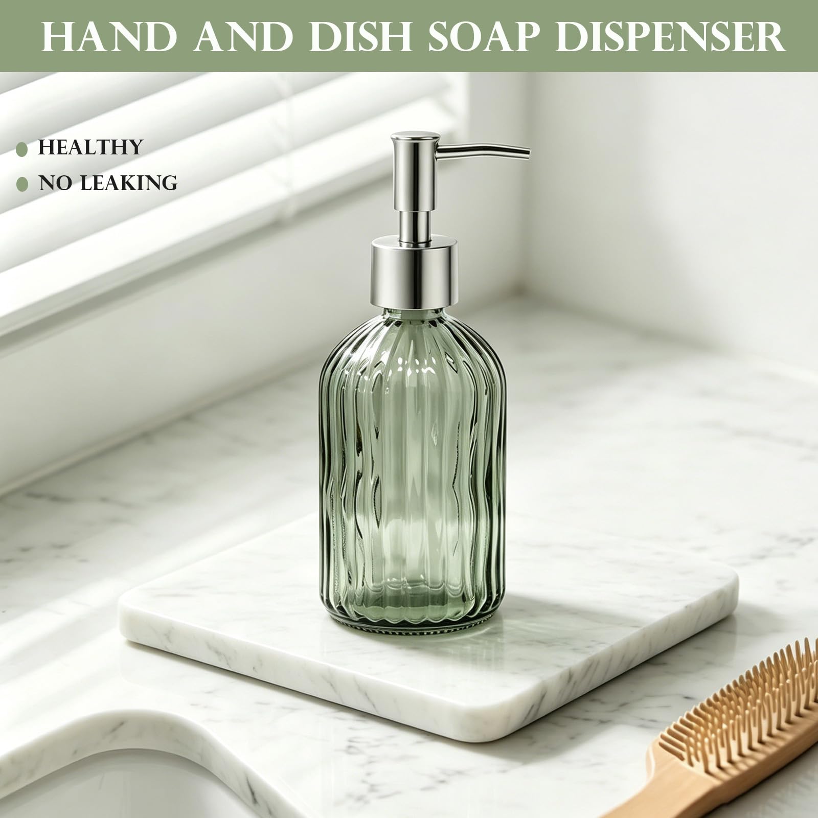 14 Oz Green Glass Soap Dispenser with Silver Plastic Pump
