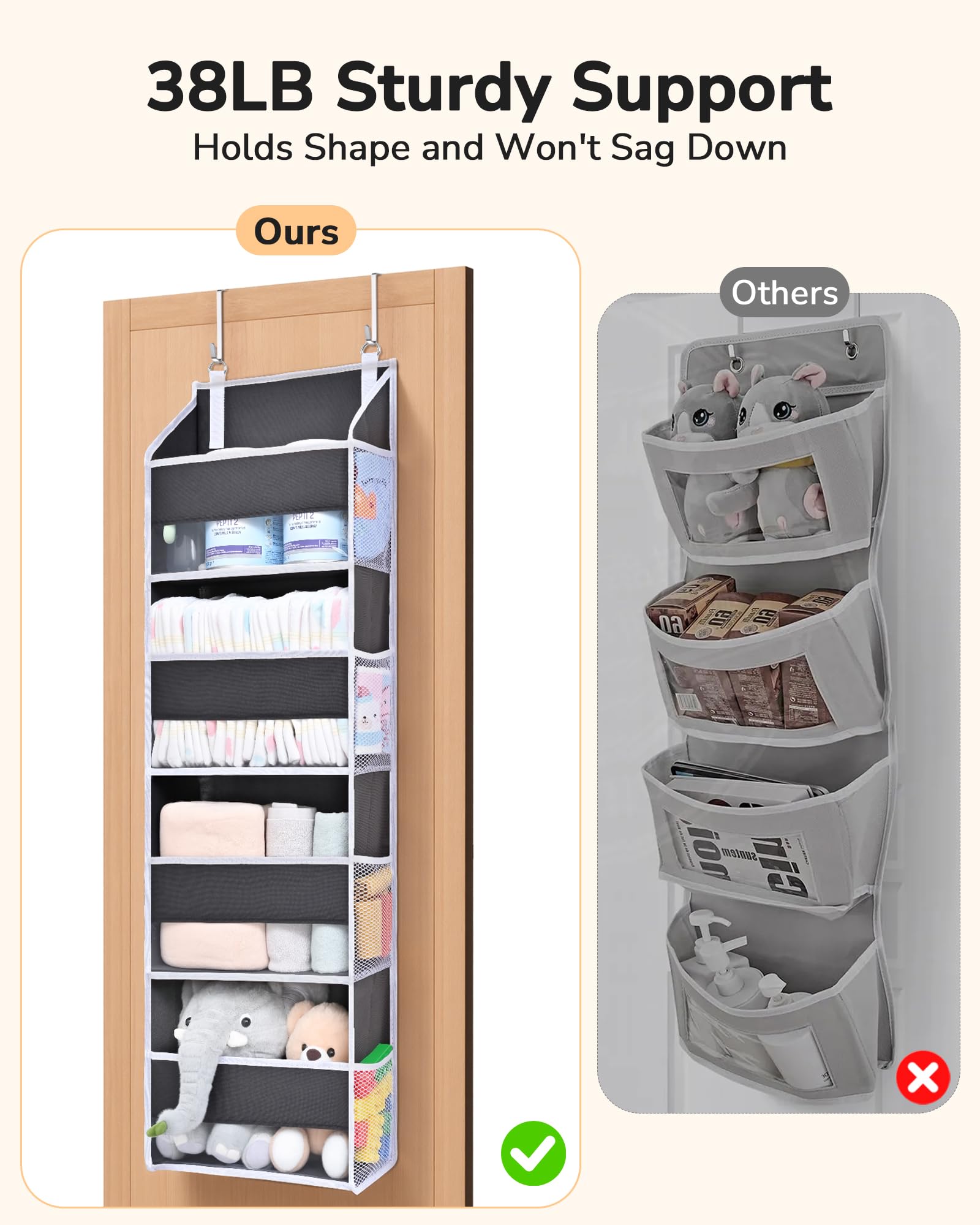 1 Pack Small Over Door Organizer with 4 Large Pockets 8 Mesh Side Pockets