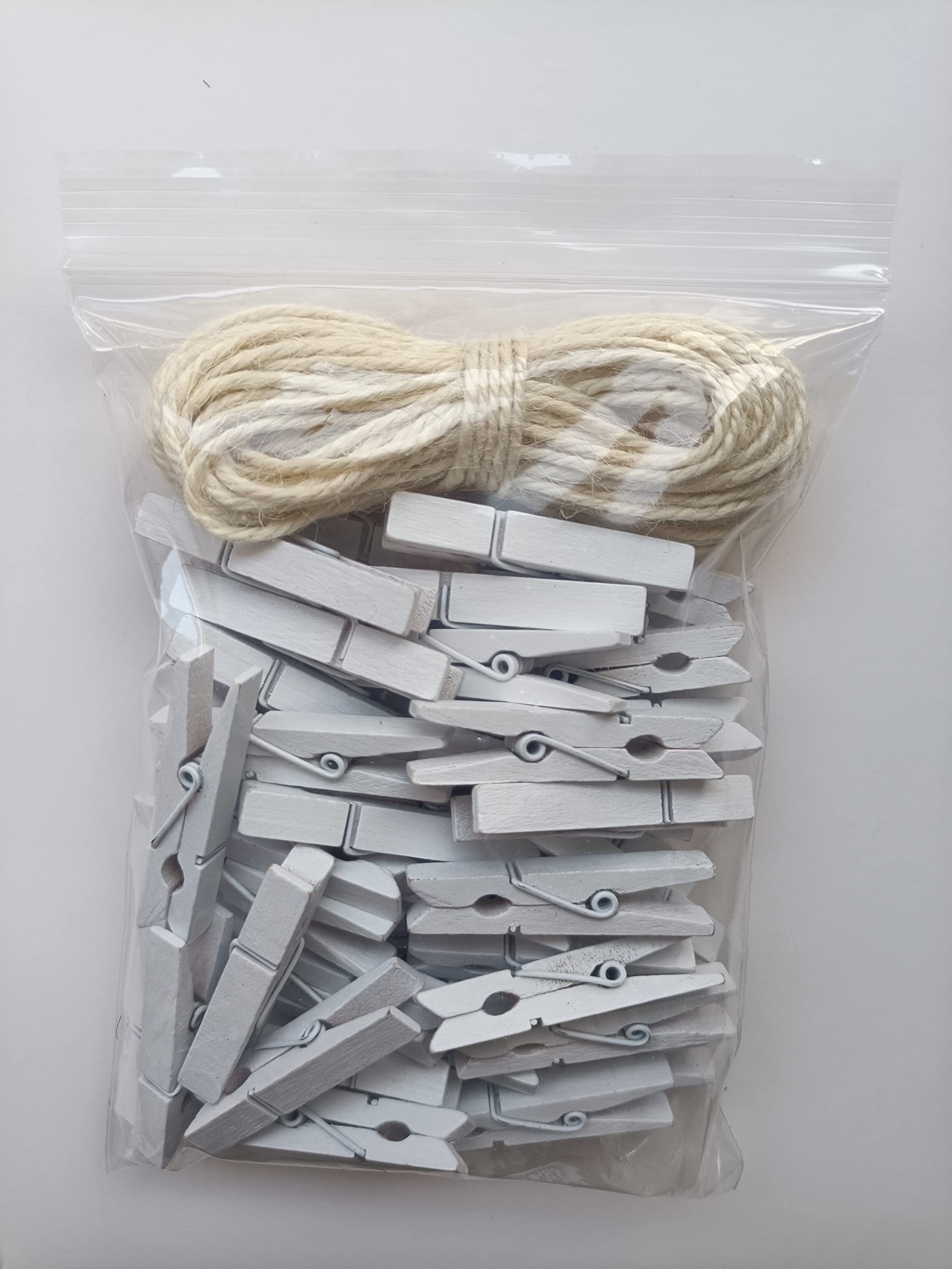 1.9 Inch White Small Clothes Pins Paper Picture School Work Holders Baby Shower Clothing Line Clips with Twine Pack 50 (50 Count)