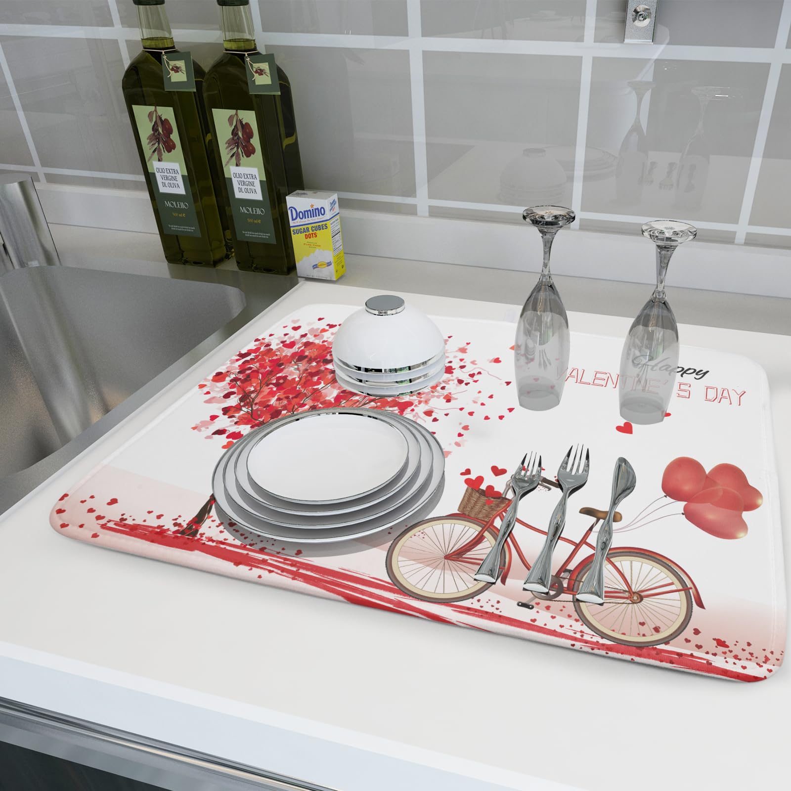 Romantic Valentine's Day Dish Drying Mat for Kitchen Valentines Bike and Tree Dish Drying Pad 18x16 Absorbent Reversible Happy Valentine Dishes Drainer Pad Holiday Dish Drying Rack Mat for Countertop